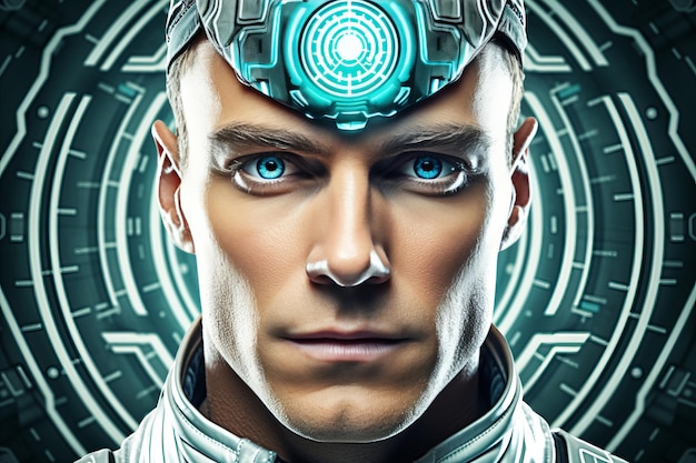 Closeup of AI humanoid in masculine form engaging in friendly communication with humans