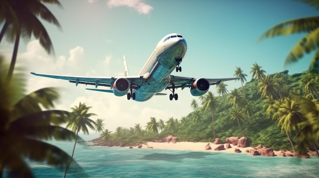 Closeup of airplane flying over the beautiful island