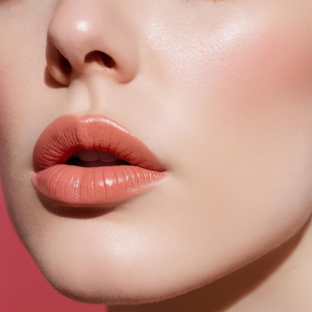 Closeup of an albino woman with delicate makeup pink lips golden eye shadow and long eyelashes