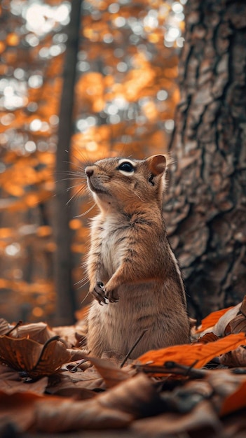 Closeup of an alert chipmunk standing on its hind legs in a forest with vibrant orange autumn leaves