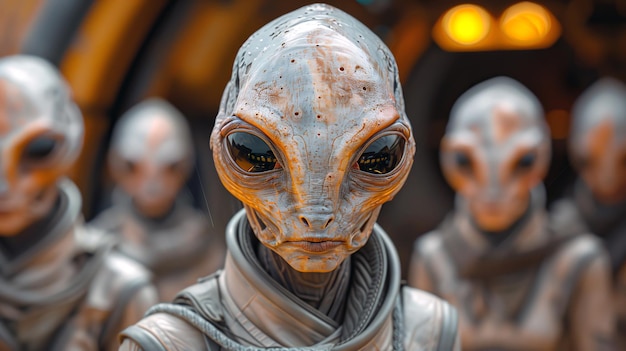 Photo closeup of an alien being with large reflective eyes and textured skin dressed in futuristic attire standing in front of a group of similar aliens in a dimly lit hightech environment