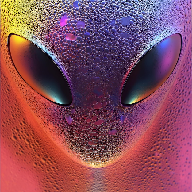 Photo closeup of alien face with water droplets and rainbow colors