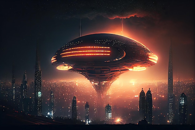 Closeup of alien ship hovering over city with its lights shining down