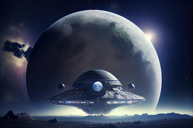 Closeup of alien ship with view of earth and moon in background