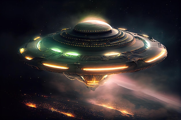 Closeup of alien vessel hovering above the earth with shapes and lights visible from the exterior