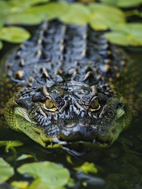 Photo closeup of alligator in natural habitat among lily pads