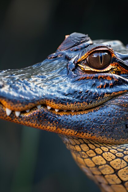 Closeup of alligators eye and head against dark background highresolution photo