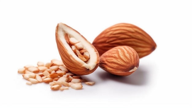 closeup almond seeds with cut in half isolated