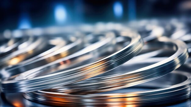 Closeup of aluminum wire spools in a manufacturing plant Aluminum production Metalworking Selective focus