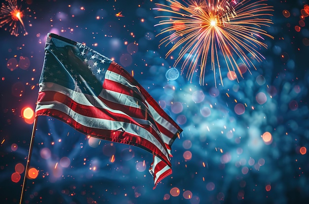 A closeup of an American flag waving in the wind with fireworks lighting up the night sky behind it