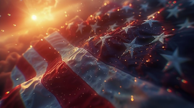 Closeup of american flag with sunlight and sparkles symbol of patriotism and freedom