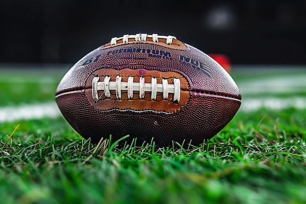 A closeup of an american football on the field with a black background and green grass in focus th