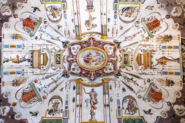 Closeup of the ancient paintings in the Uffizi Gallery located in Florence, Italy