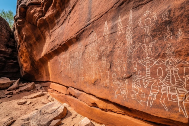 Closeup of ancient petroglyphs on red canyon wall created with generative ai