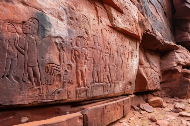 Closeup of ancient petroglyphs on red sandstone created with generative ai