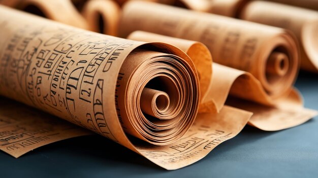 Photo closeup of ancient scrolls with hebrew text rolled up and partially unfurled on a dark background