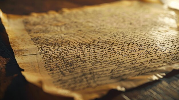 Photo closeup of an ancient weathered parchment with handwritten text showcasing historical script on an aged textured surface