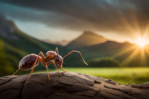 Closeup of an ant on a rock with nature and mountains behind