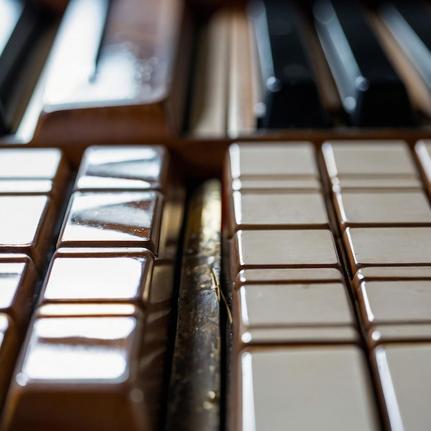 Photo closeup of antique piano keys and wood grain brown piano keys