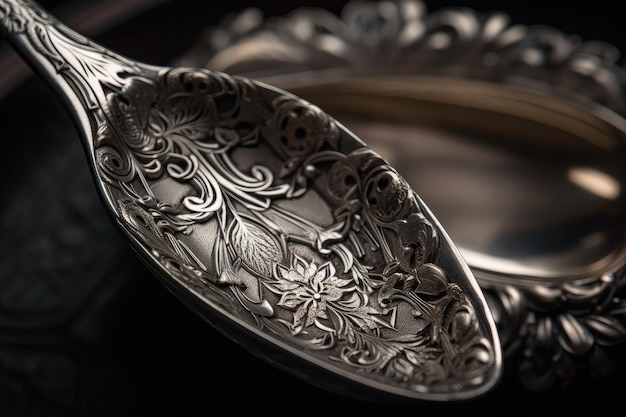 Closeup of antique silver spoon with intricate engraving created with generative ai