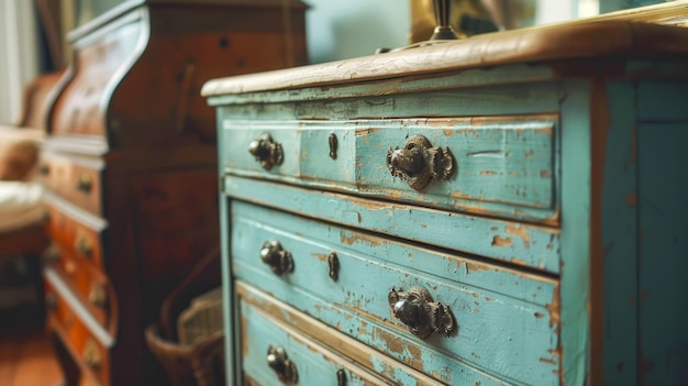 Photo a closeup of an antique wooden dresser with teal paint and ornate metal hardware