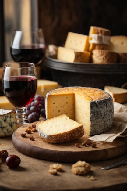 A closeup of an appetizing slice of cheese a glass of gourmet red wine on the table