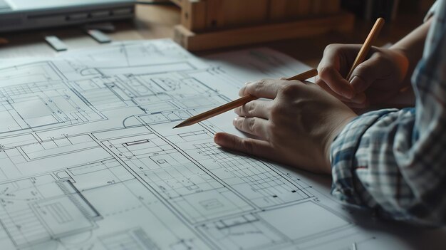 A closeup an architect a house designer holding a pencil pointing to a house plan to Generative AI