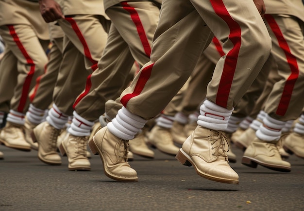 Photo closeup of army soldiers marching in formation on military parade ground