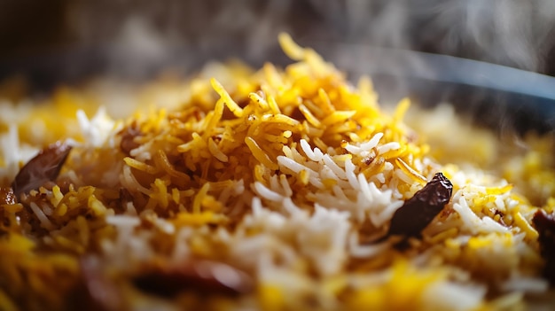 Closeup of Aromatic Biryani Rice with Steam Rising in a Pan