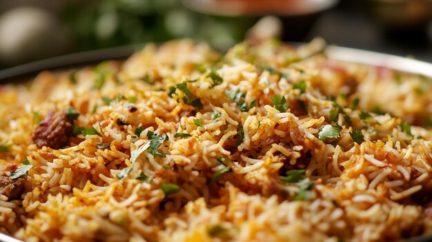 Closeup of Aromatic Chicken Biryani a flavorful Indian dish garnished with fresh cilantro