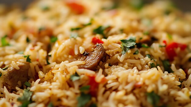 Photo closeup of aromatic chicken biryani with fresh herbs and spices