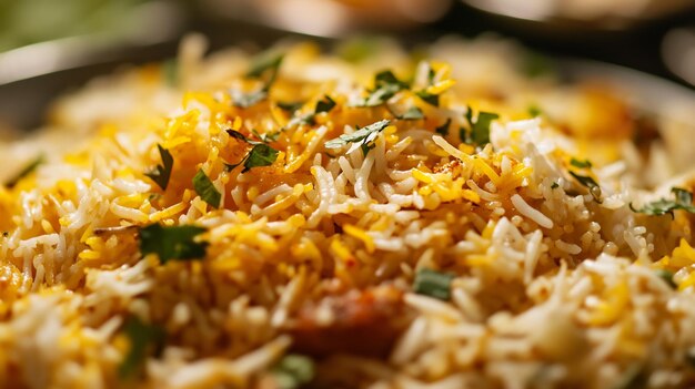 Photo closeup of aromatic chicken biryani with fresh herbs