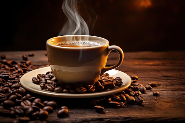 Closeup of Aromatic Hot Coffee in Brown Cup on Old Wooden Table Perfect Start to Breakfast or Bio