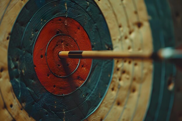 Photo a closeup of an arrow hitting the bullseye of a weathered archery target