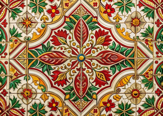 A closeup of an Art Nouveau tile The design is intricate and geometric with motifs of nature and