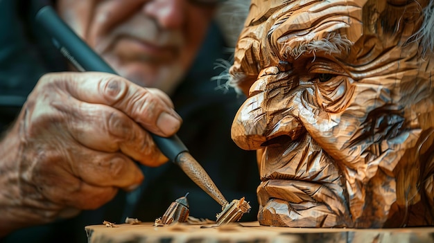 Photo closeup of artisan wood worker sculpting carving a wood spirit face