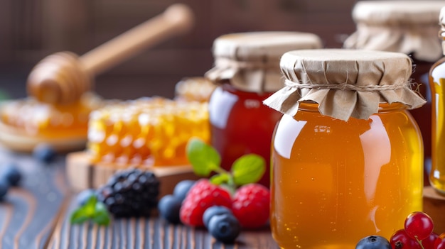 Closeup of artisanal honey and jam jars with fresh berries and honeycombs on a rustic wooden table