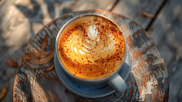 Closeup of Artisanal Latte with Intricate Milk Foam Patterns on Weathered Wooden Table