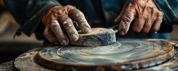 Closeup of an artisans hands shaping a clay pot on a pottery wheel highlighting the beauty of craftsmanship