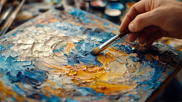 Photo closeup of an artist hand applying textured brushstrokes on canvas with blue and yellow paint