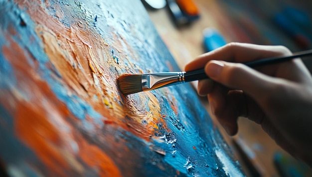 CloseUp of an Artist Using Paintbrush on Canvas Creating a Colorful Abstract Painting in a Studio