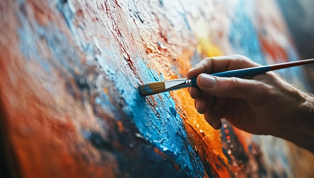 CloseUp of an Artist Using Paintbrush on Canvas Creating a Colorful Abstract Painting in a Studio