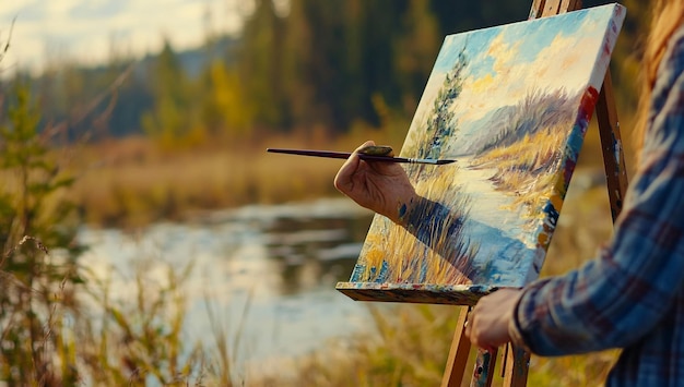 Photo closeup of an artist using paintbrush on canvas creating a colorful abstract painting in a studio