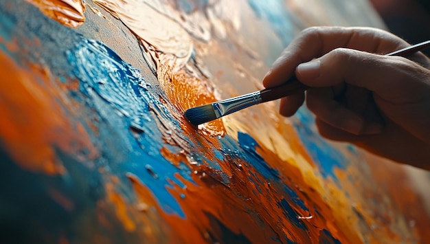 CloseUp of an Artist Using Paintbrush on Canvas Creating a Colorful Abstract Painting in a Studio