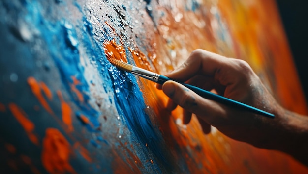 CloseUp of an Artist Using Paintbrush on Canvas Creating a Colorful Abstract Painting in a Studio