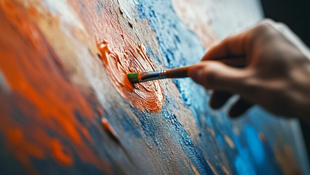 CloseUp of an Artist Using Paintbrush on Canvas Creating a Colorful Abstract Painting in a Studio