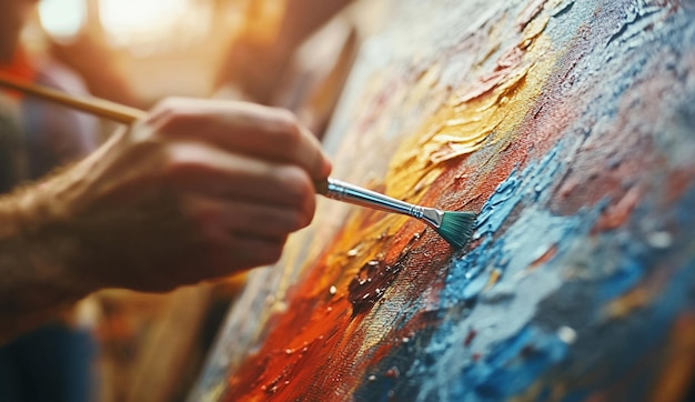 Photo closeup of an artist using paintbrush on canvas creating a colorful abstract painting in a studio