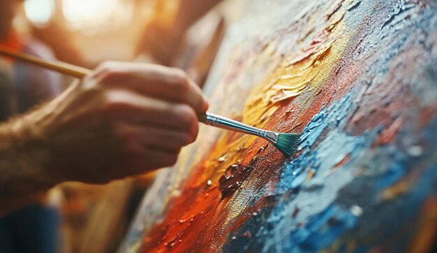 Photo closeup of an artist using paintbrush on canvas creating a colorful abstract painting in a studio