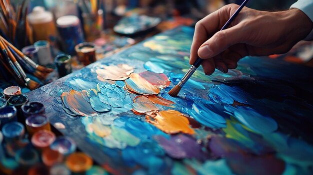 Photo closeup of an artist using paintbrush on canvas creating a colorful abstract painting in a studio