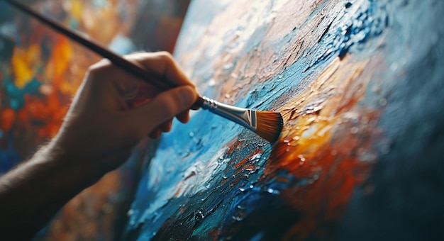 Photo closeup of an artist using paintbrush on canvas creating a colorful abstract painting in a studio